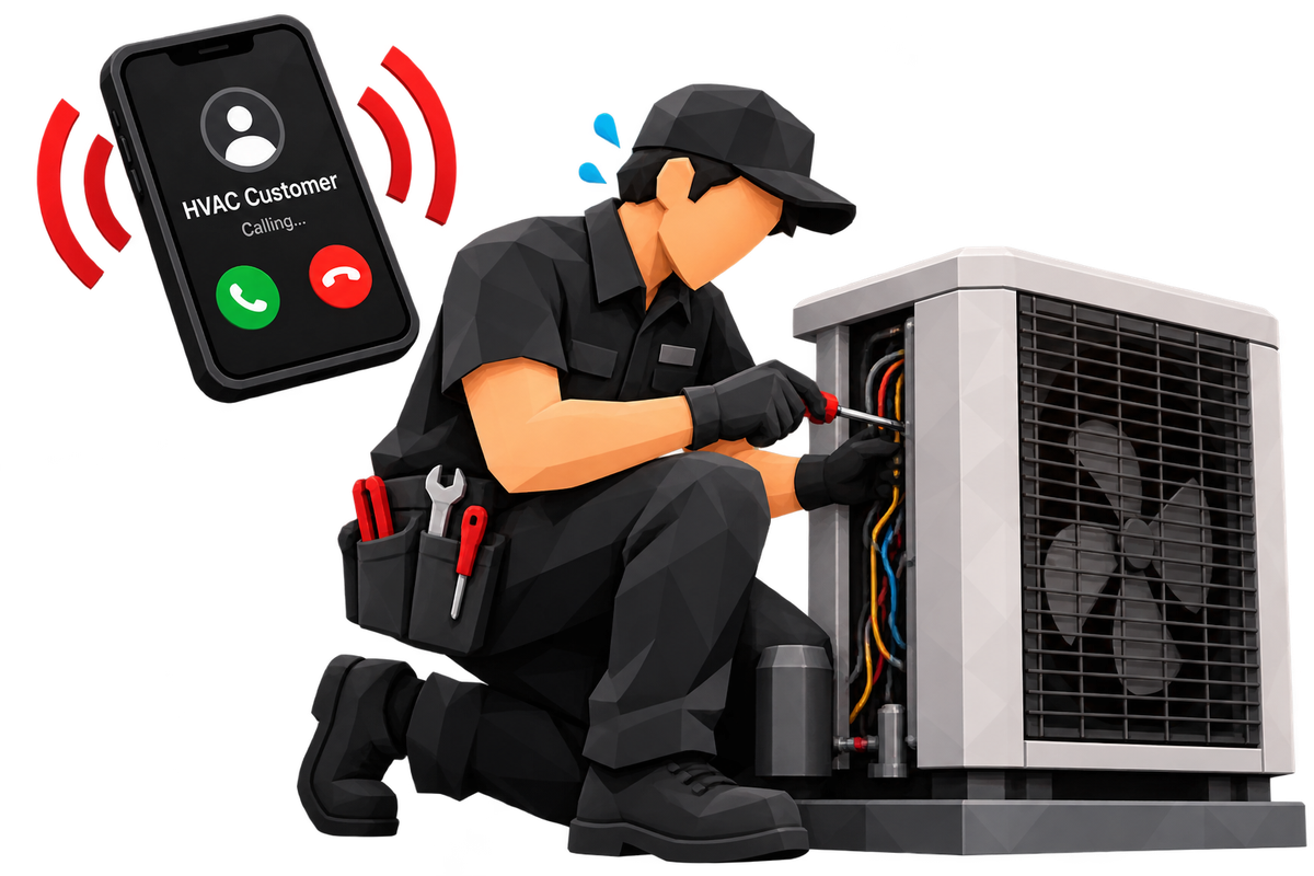 HVAC technician busy servicing unit while phone rings