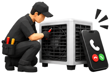 HVAC technician repairing AC unit with ringing phone ignored nearby