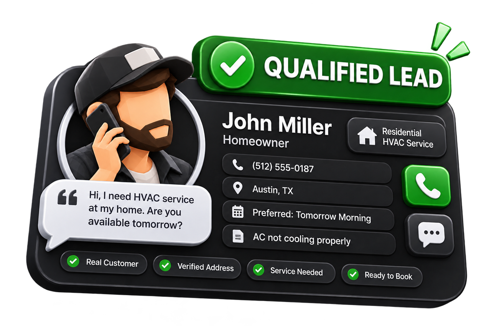 Qualified HVAC lead card with verified customer details